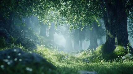 Sunlit misty forest path.