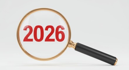 Magnifying glass focused on bold red 2026 numerals on plain background