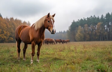Fototapeta premium A herd of horses grazing in the meadow, autumn, cloudy weather