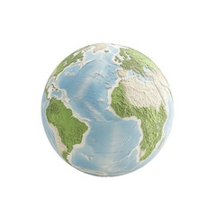 Fototapeta premium PNG cut out isolated background. A textured 3D globe featuring raised continents in green and brown tones with oceans in blue and white, representing Earth with a realistic surface.
