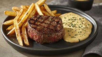Grilled beef tenderloin steak with french fries and creamy sauce.