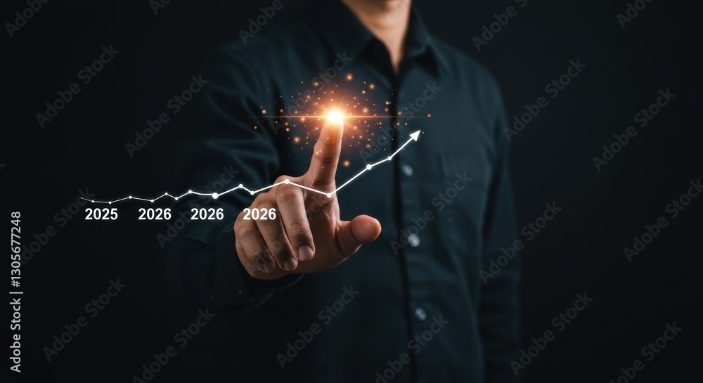 Poster businessman predicting future growth with interactive data visualization