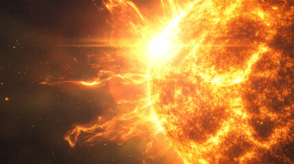 Obraz premium Closeup of sun burning bright in space with bright rays of light. Celestial - Sky. Illustration