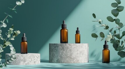 Amber glass dropper bottles on stone podiums with eucalyptus.
