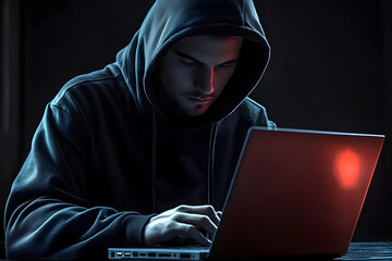 A hacker in black hoodie is working on his laptop.