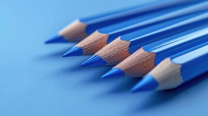 Close-up of neatly arranged, sharpened blue pencils.