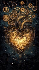 Mechanical gears and components compose a stylized artistic heart shape