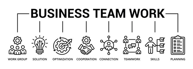 business team work banner icon with work group, solution, optimization, cooperation, connection, teamwork, skills, planning