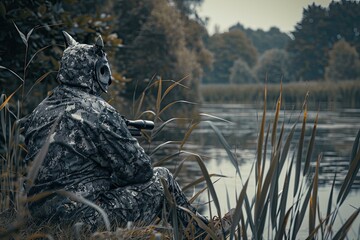 The hunter steps out of the blind concealed in reeds