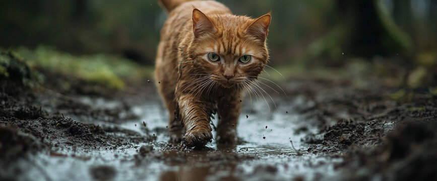 Ginger cat walking through muddy puddle, showcasing wet fur texture and determined gaze, representing resilience and wildness in nature