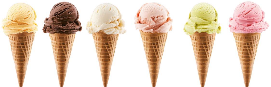 different ice cream cones with various flavors isolated on a white background