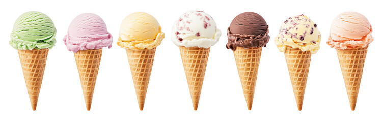 different ice cream cones with various flavors isolated on a white background