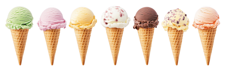 different ice cream cones with various flavors isolated on a white background