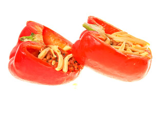 Sweet red peppers stuffed with rice and cheese on white isolated background. Simple tasty food in Mediterranean style.