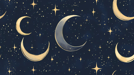 Naklejka premium Hand drawn celestial seamless pattern with crescent moons and stars on a dark blue background. Celestial - Sky. Illustration