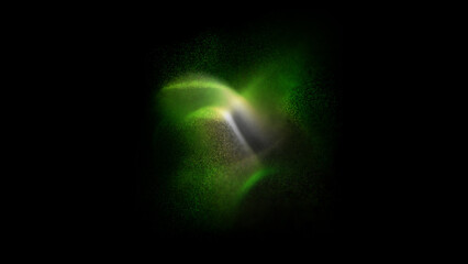 Turbulent green particles. Abstract green sand defocused on isolated background. Green energy star in center of composition. Glowing Ecology Natural technology, science. Core Artificial