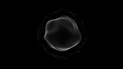 Abstract looped liquid sphere on isolated black background. Geometric bubble. Sphere morphing. Micro particles. Random round shape movements. Pulsating bacteria. Noisy flowing sphere particles. 3d orb