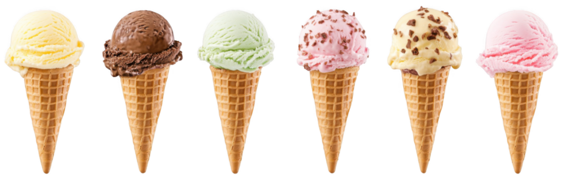 different ice cream cones with various flavors isolated on a white background