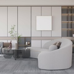 modern masculine home living room with contemporary furniture and a mockup poster framed. 3d illustration
