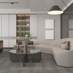 modern masculine home living room with contemporary furniture and two mockup poster framed. 3d illustration