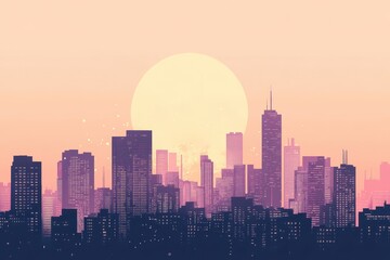 Obraz premium City skyline illustration featuring many buildings and a large sunset