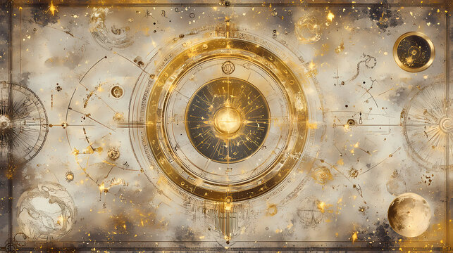 Intricately illustrated ancient vedic astrology chart with celestial bodies, zodiac signs, and mystical symbols on a parchment-like background with subtle golden accents. Celestial - Sky. Illustration