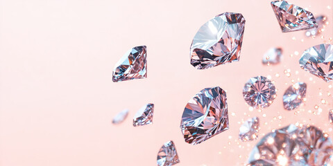 Sparkling diamonds falling on soft pink background