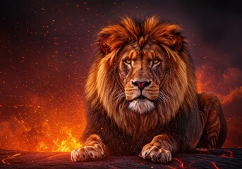 Naklejka premium Majestic lion resting on fiery rocks amidst glowing ember and vibrant sunset sky