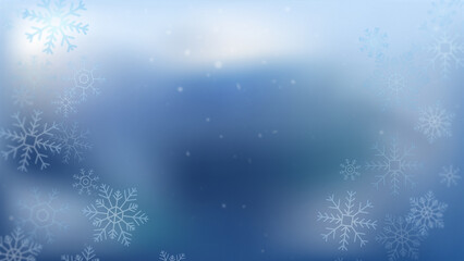 Flat snowflakes on blue gradient background. Vector snow. New Year background empty in the center. Clean winter holiday template in blue. 