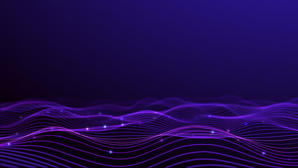 Glow violet pink purple blue digital landscape particle. Crypto currency, block chain, digital technology concept. 3D Rendering. Multi-colored information particles. Abstract background.