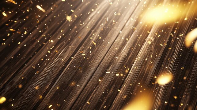 Anniversary Celebration Background with Elegant Gold and Wood Textures, Sparkling Light Effects and Festive Falling Confetti for Wedding and Special Events