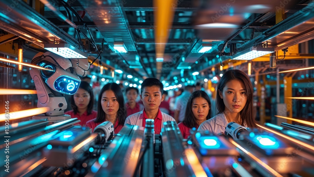 Poster young workers observe advanced automation technology in a high-tech manufacturing facility during a 