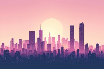 Fototapeta premium A colorful city skyline silhouette against a sunrise background