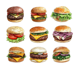 Delicious burgers fast food joint art. Isolated on transparent background, png.