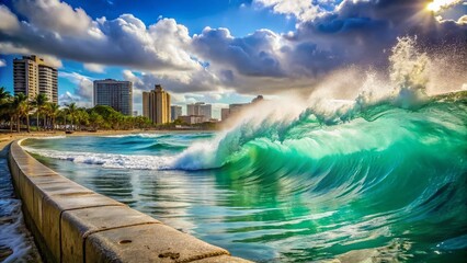 Waikiki Beach Breakwall: Ocean Waves Crashing with Bokeh Effect