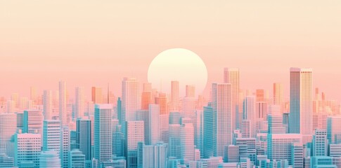 Fototapeta premium A futuristic metropolis skyline with a pastel color scheme sunset