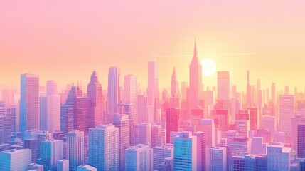Fototapeta premium A vibrant city skyline with tall buildings under a sunset sky
