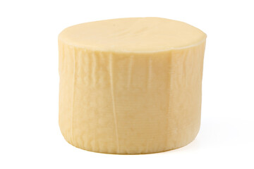 Round block of cheese, isolated on a white background.