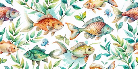 Watercolor Fish & Leaf Repeating Pattern Backdrop -  Elegant Nature Design