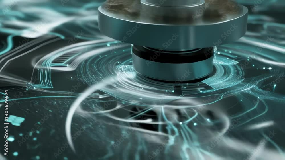 Poster electronic device emitting data creating circular waves, visualized with light trails and particles,