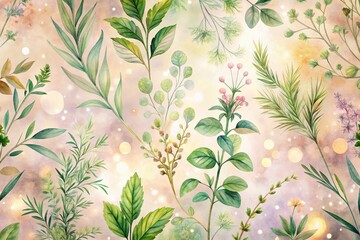 Fototapeta premium Watercolor Herb Botanical Pattern Background with Bokeh Effect - Soft Focus Floral Illustration