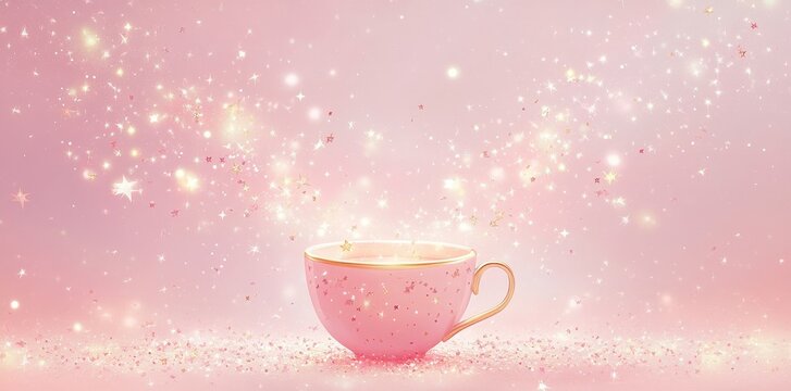A pink teacup overflowing with shimmering golden sparkling light