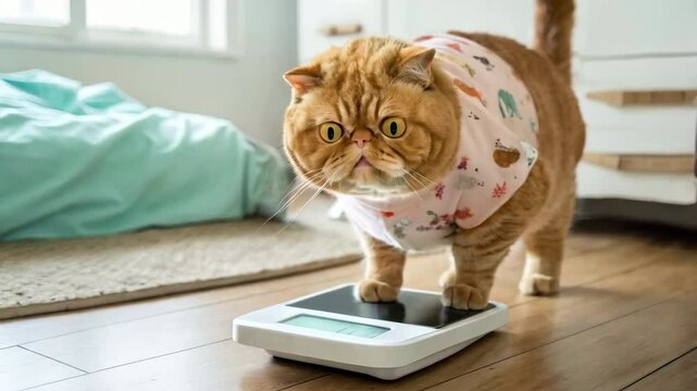 Funny ginger exotic chubby cat emotional expression of checking weight on scale, shocked by its weight. Upset about overweight problem. Funny plump, overeating, fat cat concept. Overweight problem