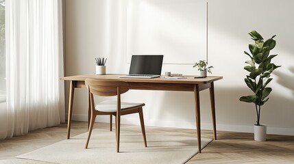 Minimalist wooden desk chair laptop workspace. AI generated