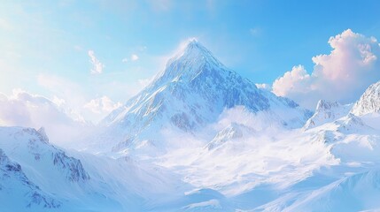 Majestic snow-capped mountain peak in a serene winter landscape.
