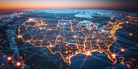 an image of the united states map with lines and connections, night photography,  internet networks connections concept , space view , technology