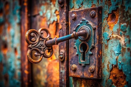 Weathered Iron Door with Antique Key in Rusty Lock - Close-up Stock Photo