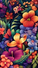 A vibrant digitally painted composition of colorful flowers and foliage