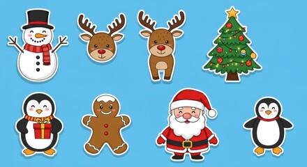 Festive christmas cartoon characters with santa, snowman, reindeer, and more on blue background