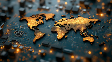A global map on a microchip symbolizes the interconnectedness of global semiconductor trade, showcasing the fusion of technology, economy, and international relations in the modern world